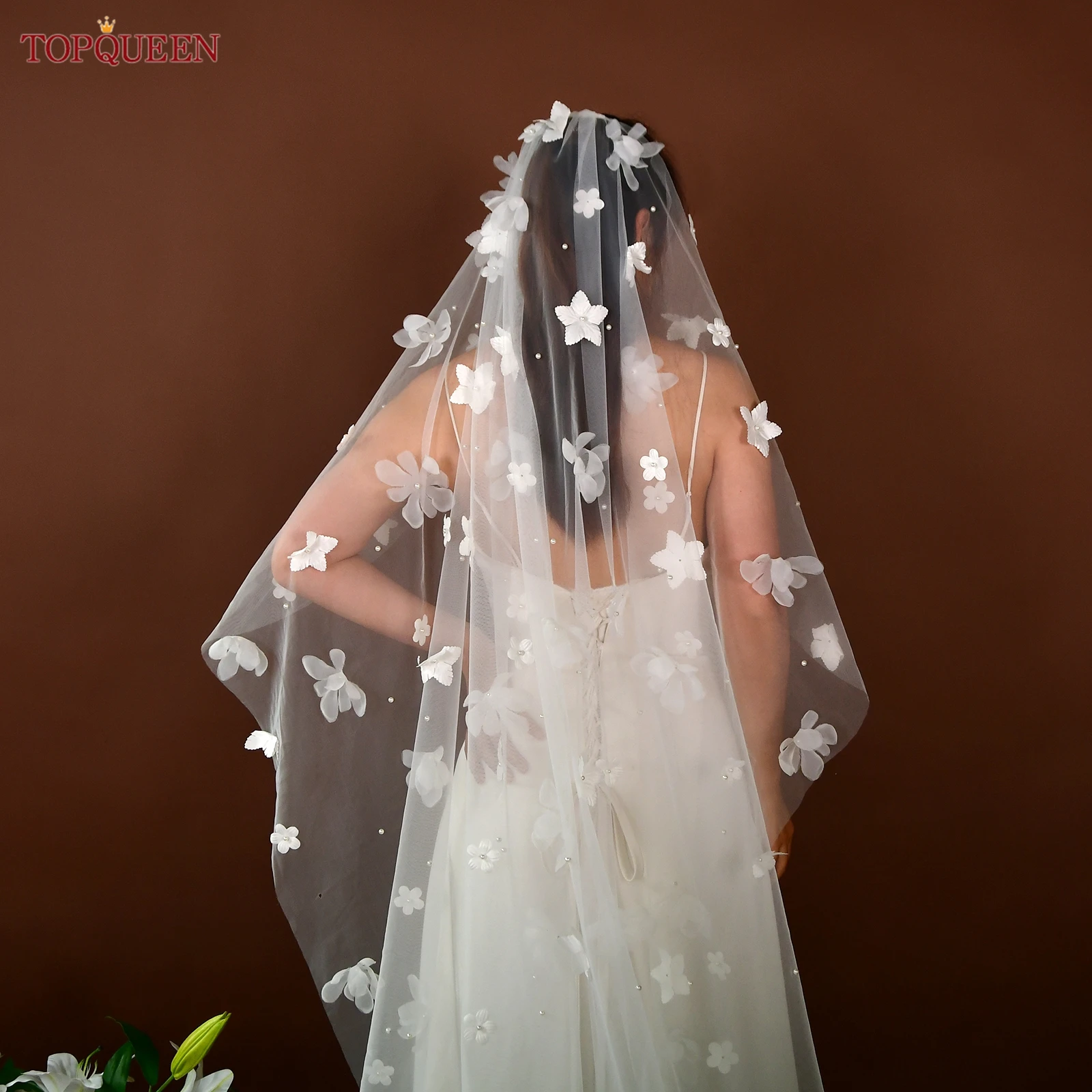 TOPQUEEN الزفاف الحجاب الزفاف ثلاثية الأبعاد زهرة الحجاب اللؤلؤ زين لينة كاتدرائية طبقة واحدة اكسسوارات الزفاف للتخصيص V243