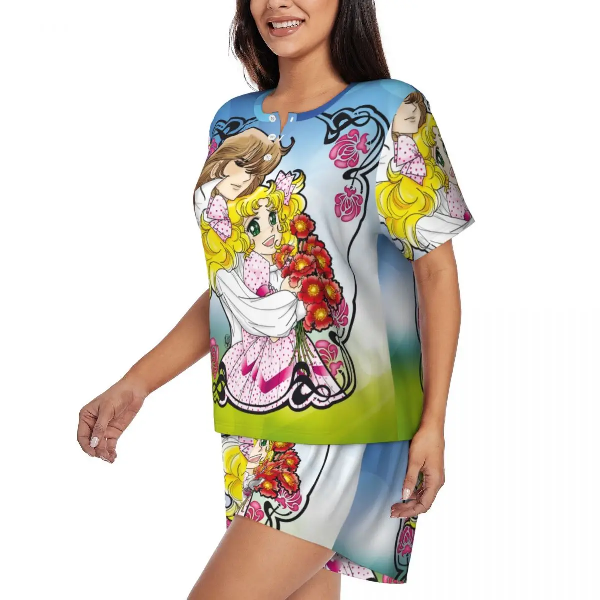 Custom Women Anime Candy And Terence Pajamas Set Printed Cartoon Candice 2 Piece Pj Sets Short Sleeve Sleepwear Loungewear