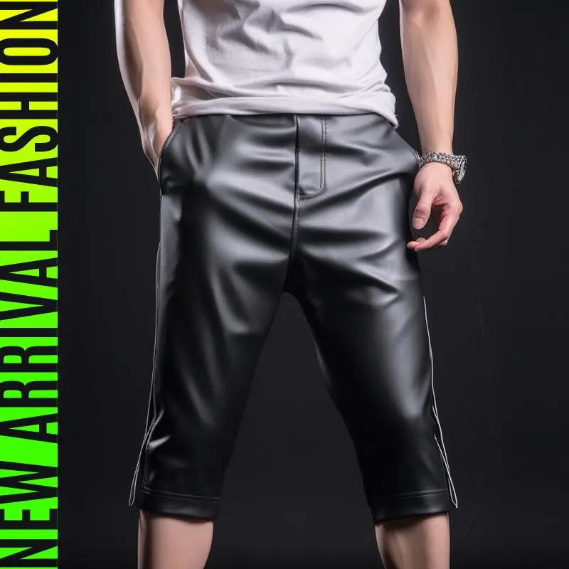 Summer Stretch Thin Sexy Men's Leather Shorts Elastic Fashion Beach Sports Breathable Slim PU Leather Short Pants Dance Party