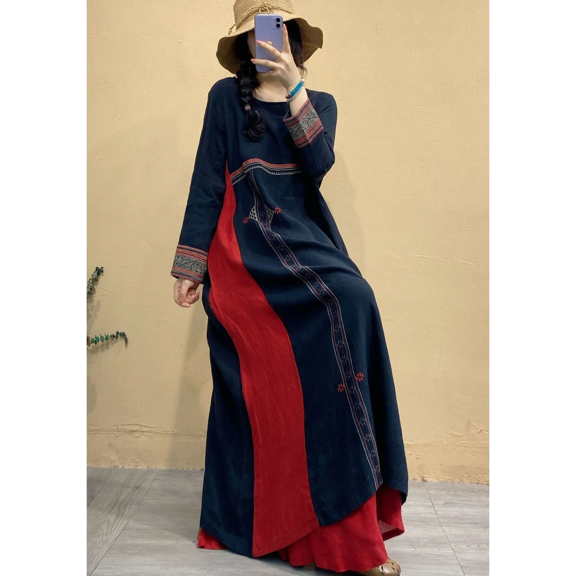 Women Vintage Embroidered Contrast Dress Linen Loose O-Neck Long Sleeve Dresses Spring New Chinese Style Clothes