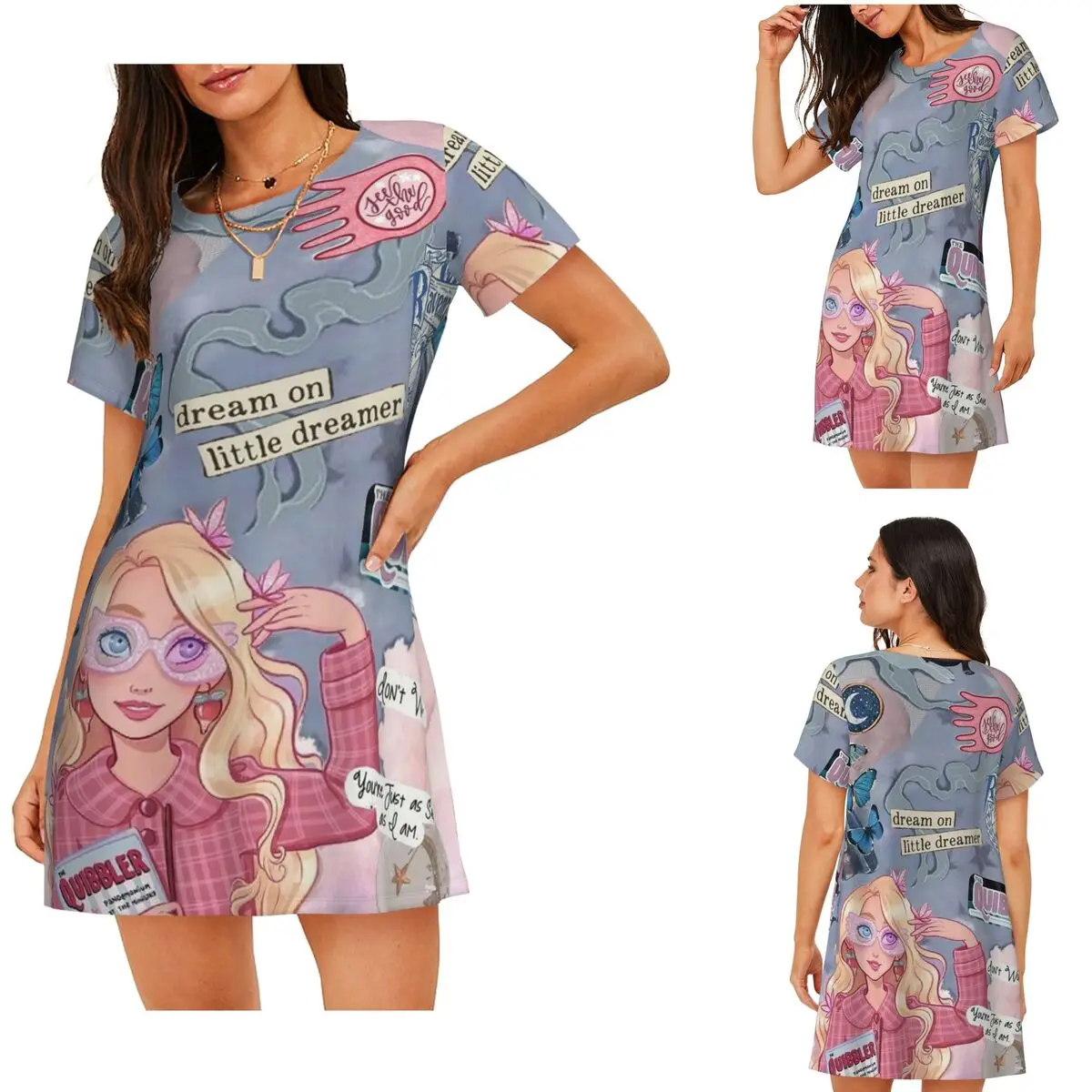 Luna L-Lovegoods Glasses Short Sleeves Nightdress For Sleeping Sleepshirts Women Short Sleeve Nightgowns Soft Pajama Dress