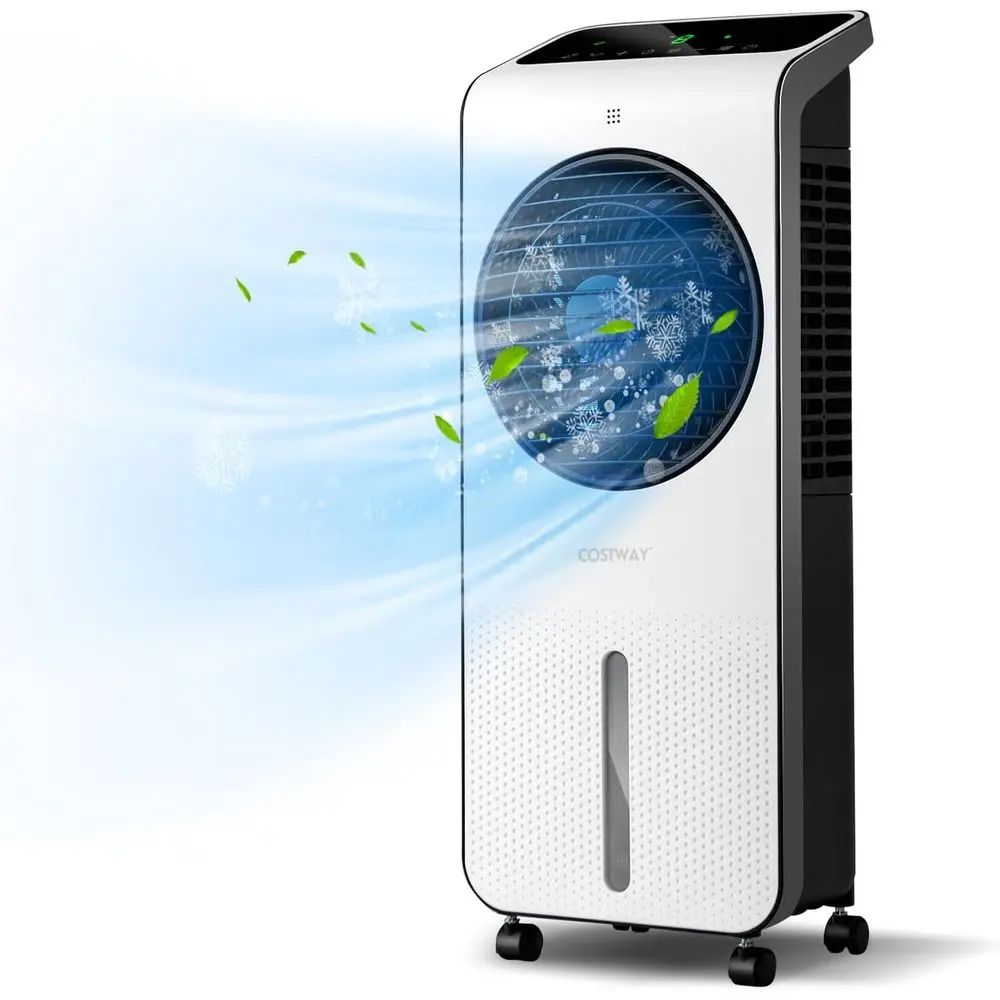 

Портативный охладитель воздуха 3-в-1 с функцией 360-градусного обдува ° Вращающийся вентилятор, 3 скорости, 24-часовой таймер, 2 охлаждающих элемента, LED-дисплей, пульт дистанционного управления