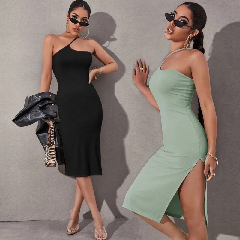 

YQ1-Women's Clothing2026Summer Sexy Slit Off-Shoulder Strap Bodycon Knitted Dress Fashion