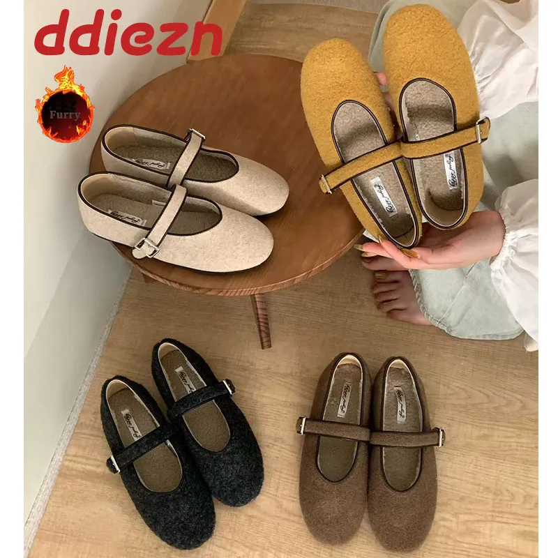 

Модные женские теплые туфли Мэри Джейн на меху, женская обувь на плоской подошве с пряжкой и ремешком, женская обувь на плоской подошве с круглым носком и плюшевыми туфлями