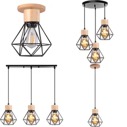 Vintage Wood Iron Cage Pendant Lamp 1/3 Heads Loft Mini Ceiling Hanging Lighting for Living Room Kitchen Restaurant Decoration