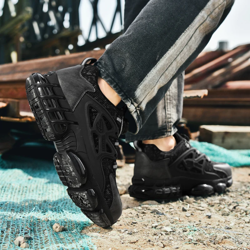 أحذية حماية العمال للرجال مضادة للتحطيم ومضادة للطعن وعازلة للهواء وحماية قديمة من الصلب ورأس لوح فولاذي للعمل في الموقع