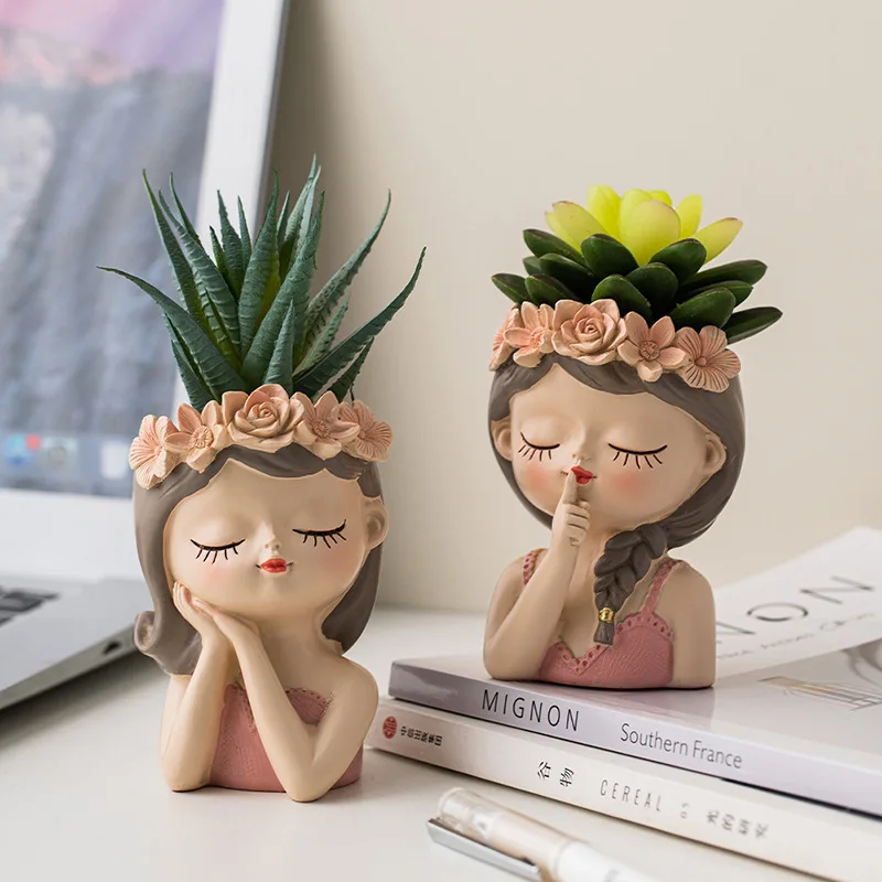 Cute Girl Flower Pot for Succulents, Decorative Planters Girls Portrait Garden Pots for Home Decor Desktop Ornament