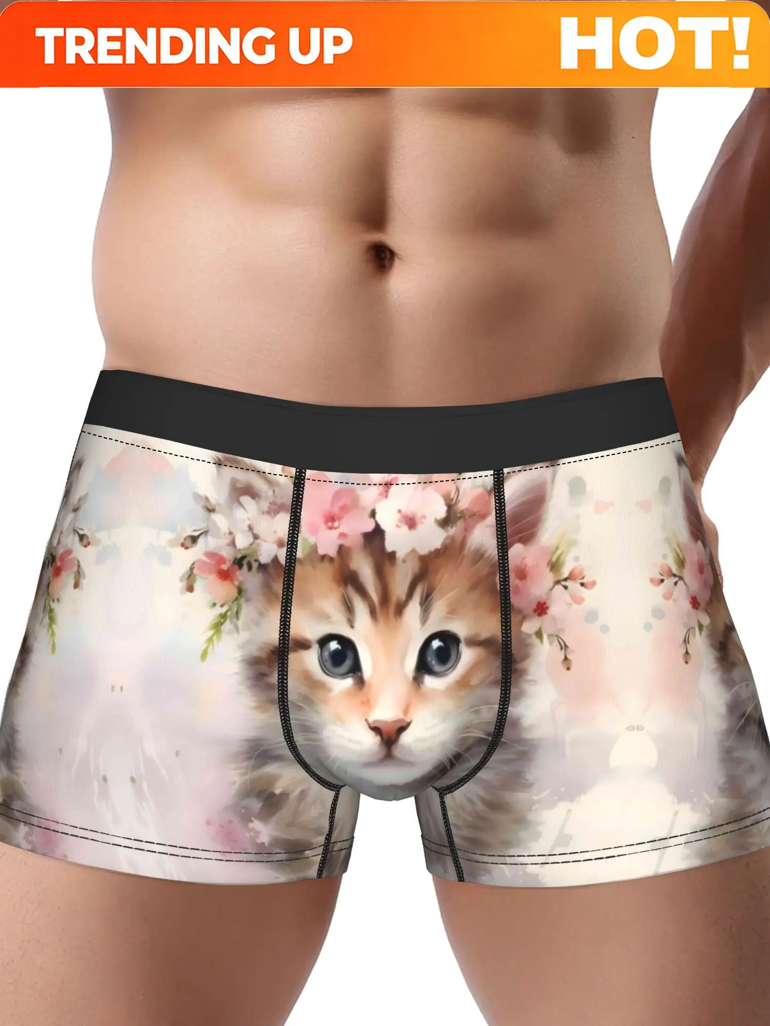 Boxer Briefs for Men Featuring a Cute Cat Design with Flowers in Watercolor Style