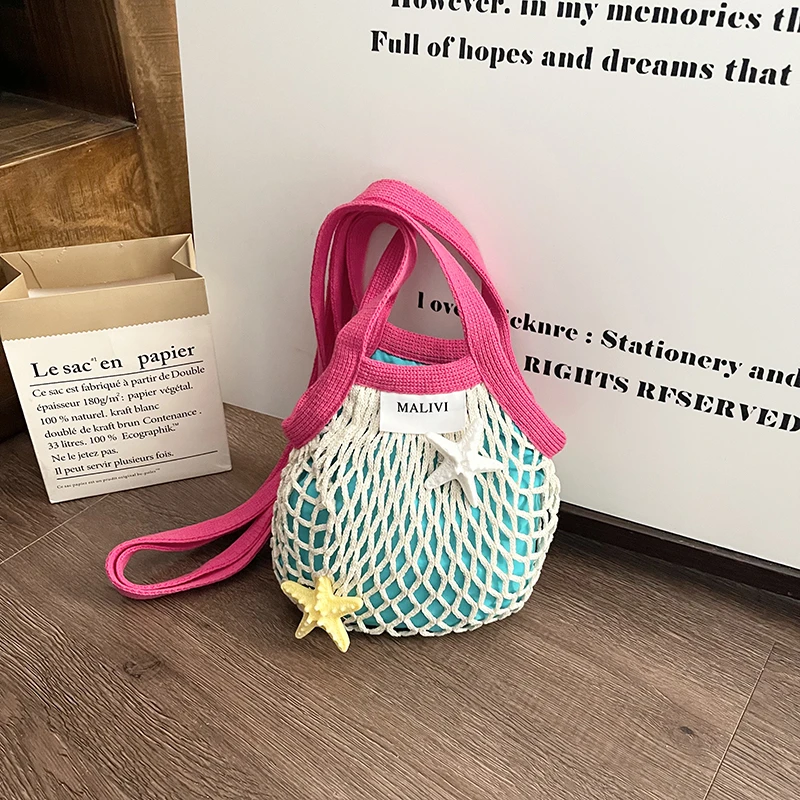 2026 Summer Lightweight Cotton Woven Mesh Beach Bag  for Women Trendy and Personalized Beach Vacation Travel Shoulder Bag