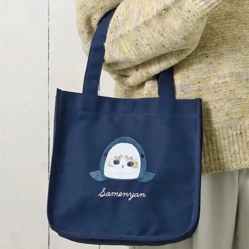 Japanese Mofusand Same Style New Cute Shark Cat Cartoon Handmade Canvas Shoulder Tote Bag Kawaii Handbag for Women Girls view 3