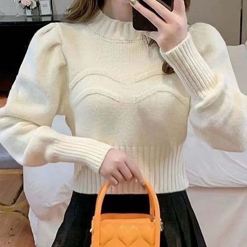 Female Korean Vintage Solid Color Sweaters Autumn Winter Fashion All-match Short Half High Collar Knitted Tops Women\'s Clothing