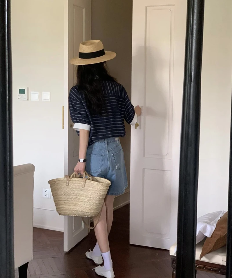 Kantooroverhemd in Koreaanse stijl met kleurblokken en inkepingskraag - Professionele gestreepte werkblouse