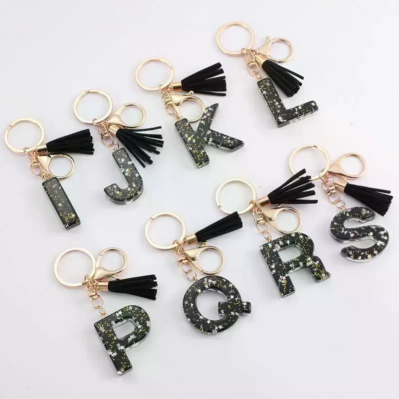 Black Glitter Star Sequins Resin 26 Letters Keychain Initials A-Z Keyring Tassel Charm Accessories Backpack Hanging Decoration
