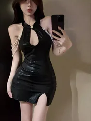 Serpentine Leather Pearl Hanging Cheongsam Hollow Out Elegant Chinese Style Slim Buttocks Fashion Tank Mini Dress Tops M8ZT