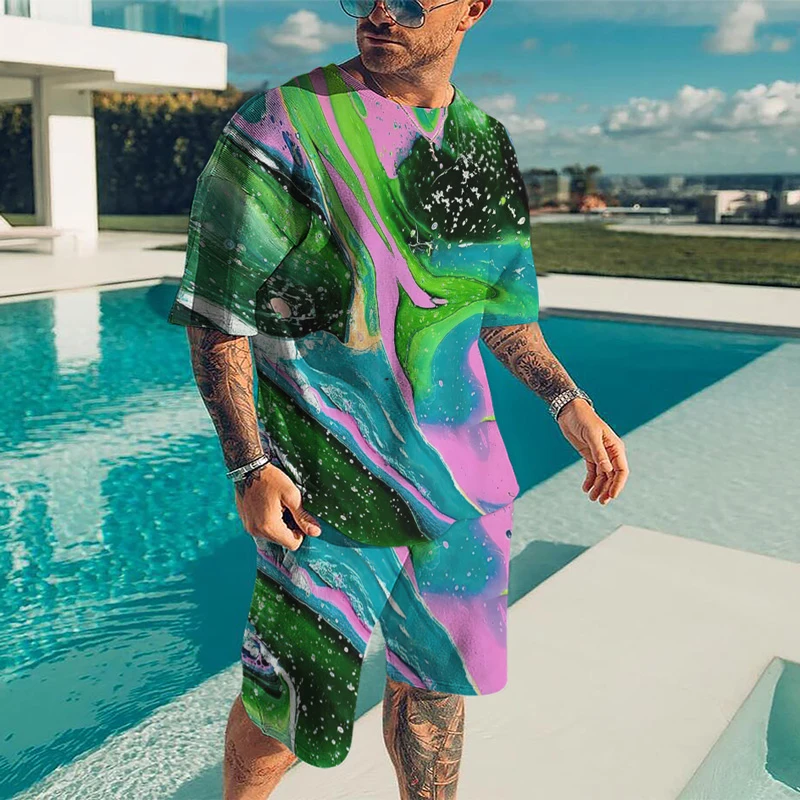 Men's Beach Sets 3D Printing Short Sleeve Shorts Two-piece Abstract Painted T-Shirt Suit Men's and Women's oversized Casual sets