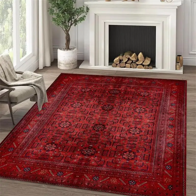 VIKAMA Vintage Red Persian Floral Rug Non Slip Wear Resistant Living Room Bedroom Bedside Carpet Home Decor