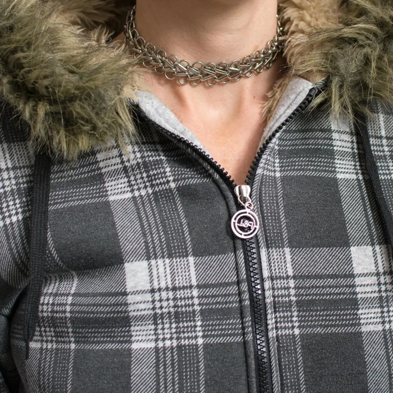 Moletom xadrez retrô com capuz e jaqueta de gola de pele, lindo moletom estilo INS