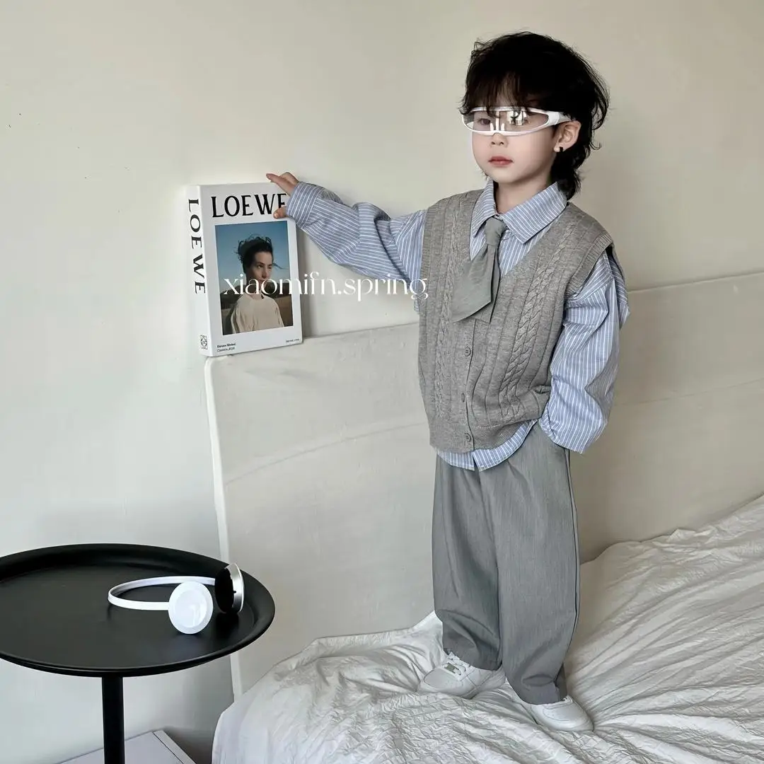 

3 PCS set Spring Autumn Boy Clothing set Casual Knit vest+ Shirt+ Pant Kid Children baby toddler boys Handsome clothes 2-10 year