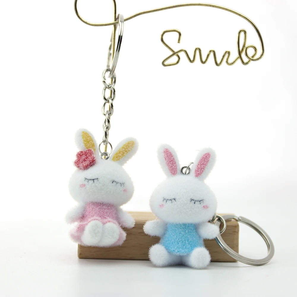 

8 PCS 3D Resin Flocking Bunny Keychain Cute Rabbit Doll Key chain for Bag Charm Backpack Pendant DIY Handmade Keychain Wholesale