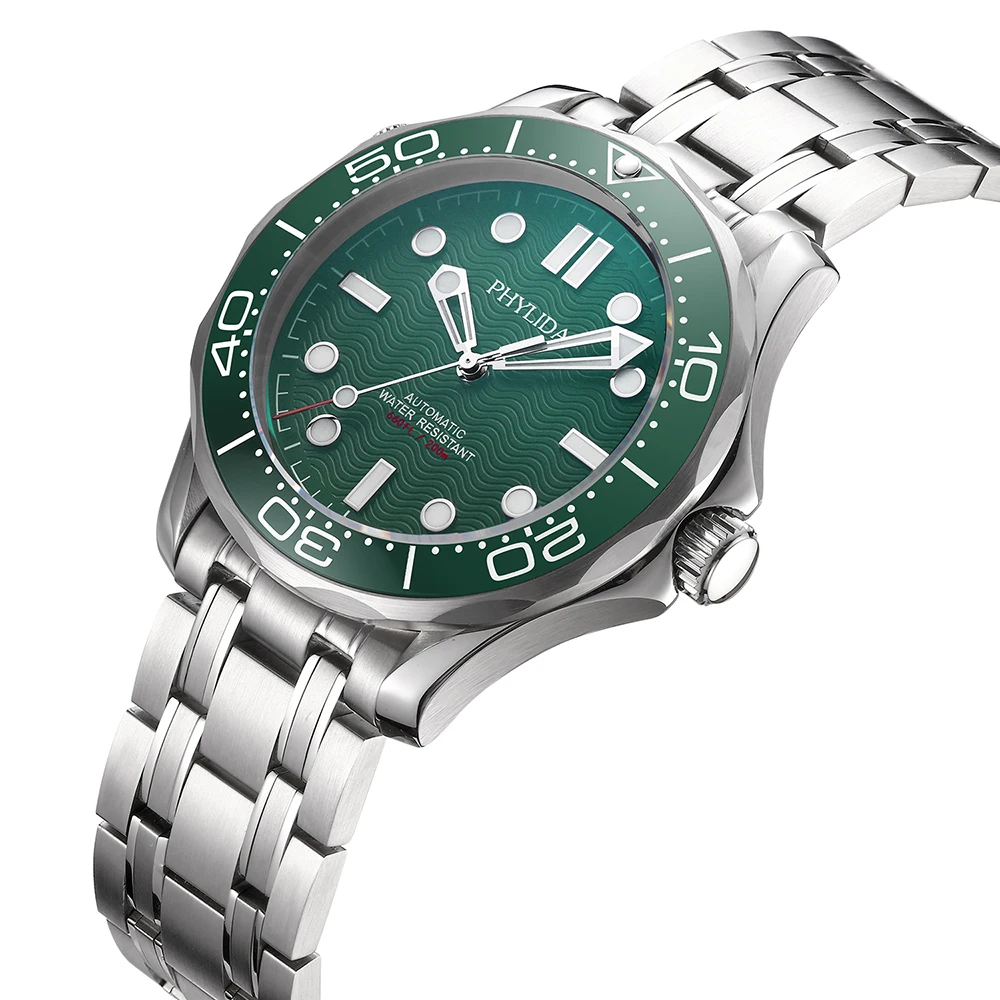 PHYLIDA New Green Dial No Date NH38a Automatic Watch Diver 200 Sapphire Crystal SLN BGW9 Lume Watches for Men SE-GN-38