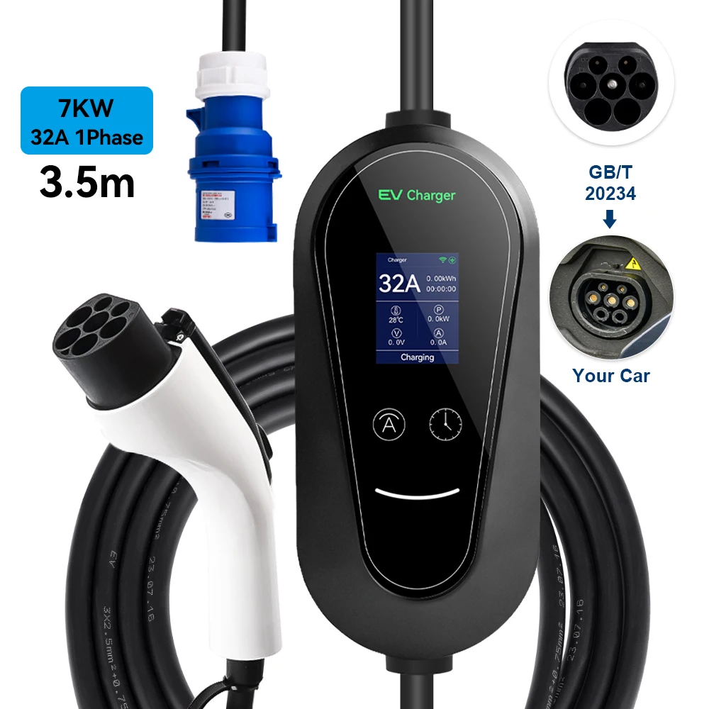 شاحن محمول 7KW 32A EV GB/T Type2 Type1 CEE Plug 3.5KW 16A للسيارات الكهربائية 4 تطبيق أوضاع التيار والتوقيت القابلة للتعديل