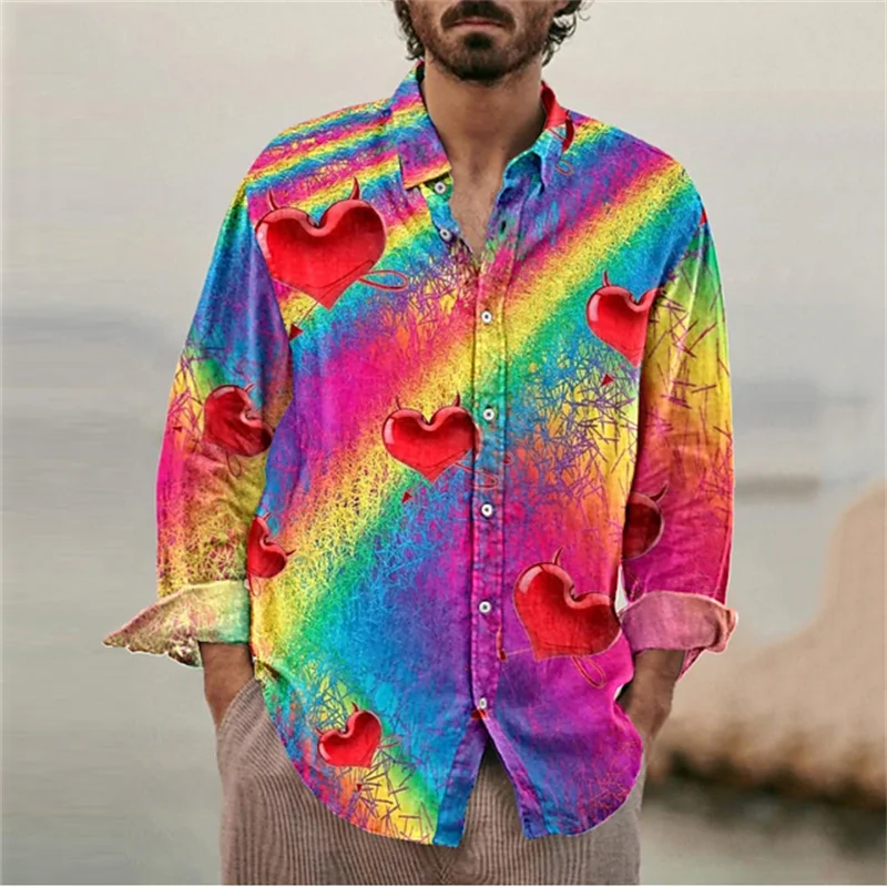 New men's Harajuku colorful love shirt with rainbow heart pattern long sleeved lapel casual men's top shirt