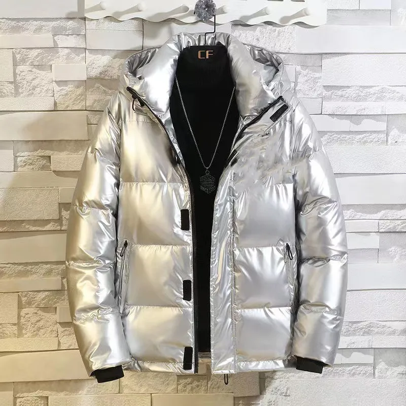 2029 Men Warm Down Jackets Solid Color Black Winter Snow Down Jackets Hooded Zipper Metal Shining Windbreaker Overcoat M-4XL