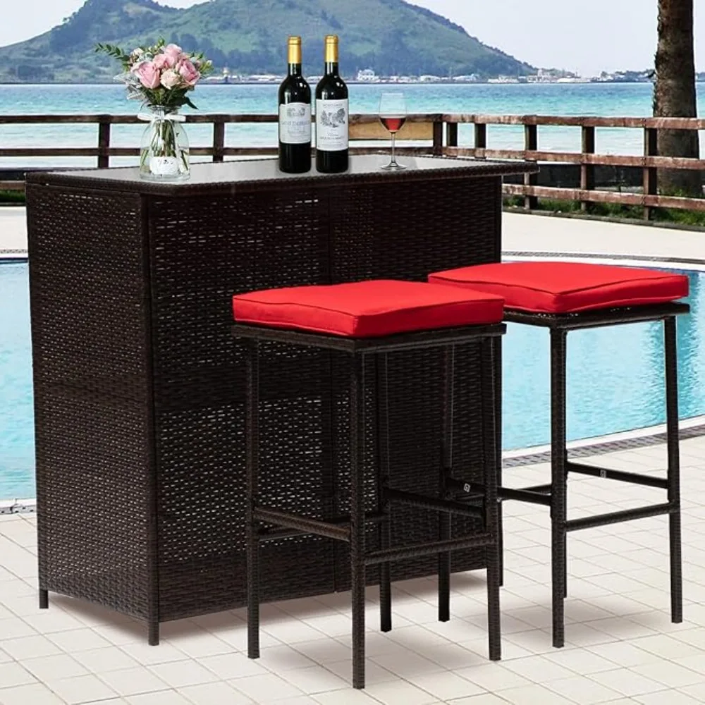 

3-Piece Patio Bar Set Outdoor Wicker Bar Set All-Weather Rattan Bar Table Set Outdoor Furniture w/2 Stools, Glass Top Table