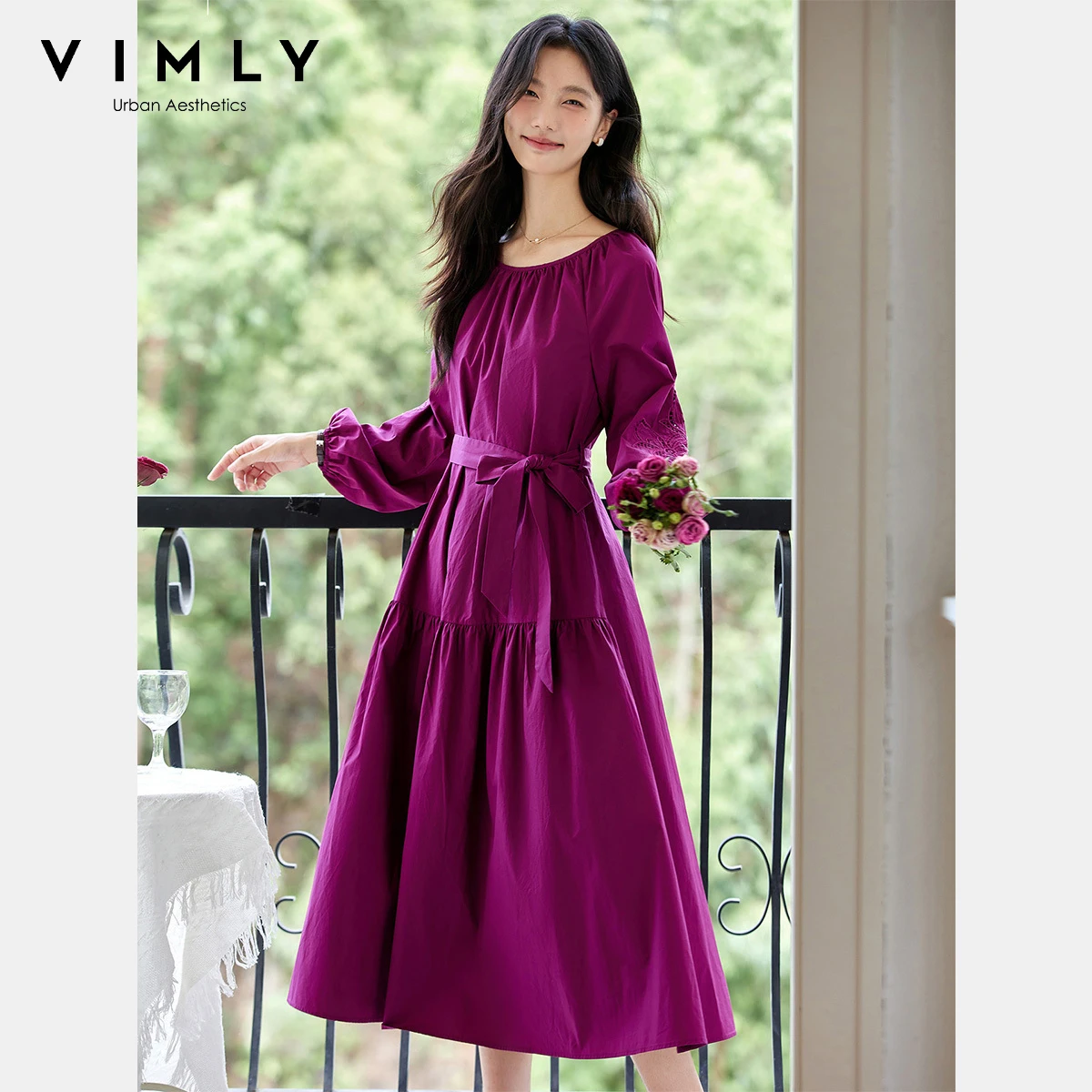VIMLYชุดยาว 2025 ผู้หญิงฤดูใบไม้ร่วงElegant Partyผ้าฝ้ายปักHollow OutชุดรอบคอA-Line LadyชุดA2013