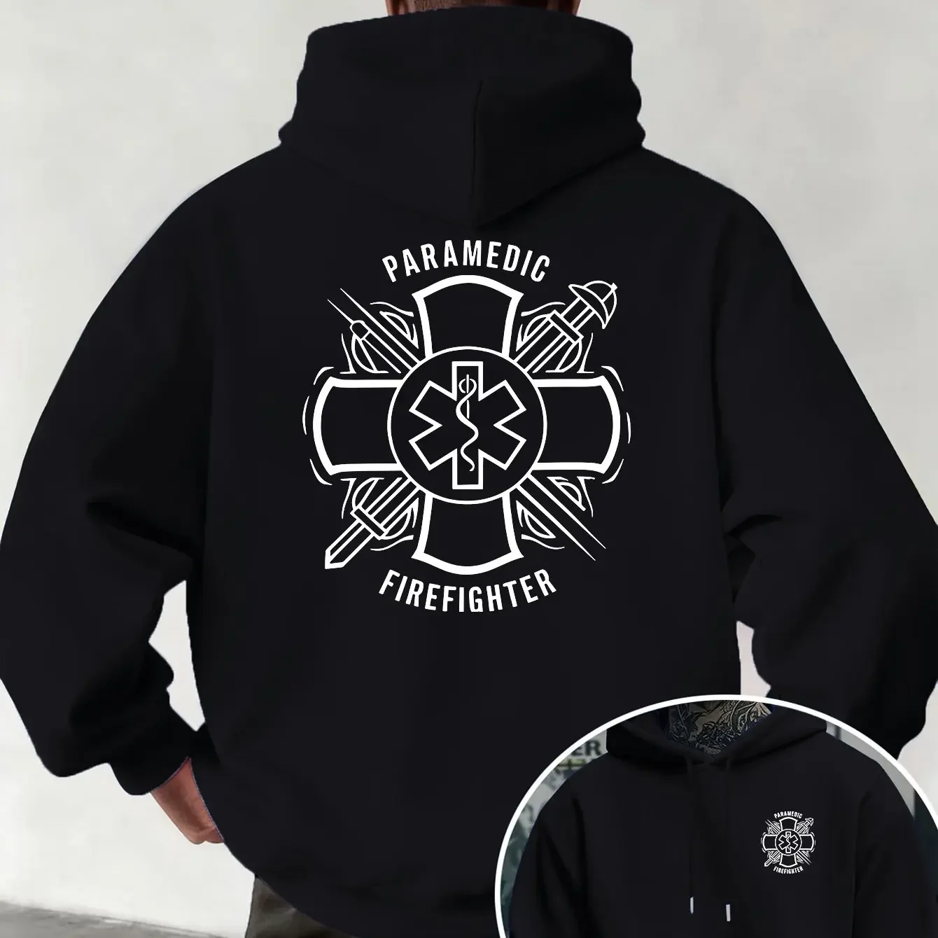 Men Women EMT Fire Rescue Symbol Graphic Two‑Sided Hoodie Paramedic Firefighter Pride Oversized Streetwear Pullover
