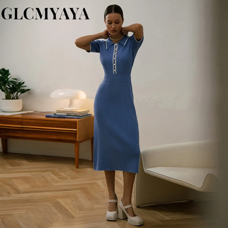 

GLCMYAYA Women Streetwear Knitting Button Block Color POLO Collar Bodycon Dress 2023 Summer Fashion Solid Sexy Party Dresses