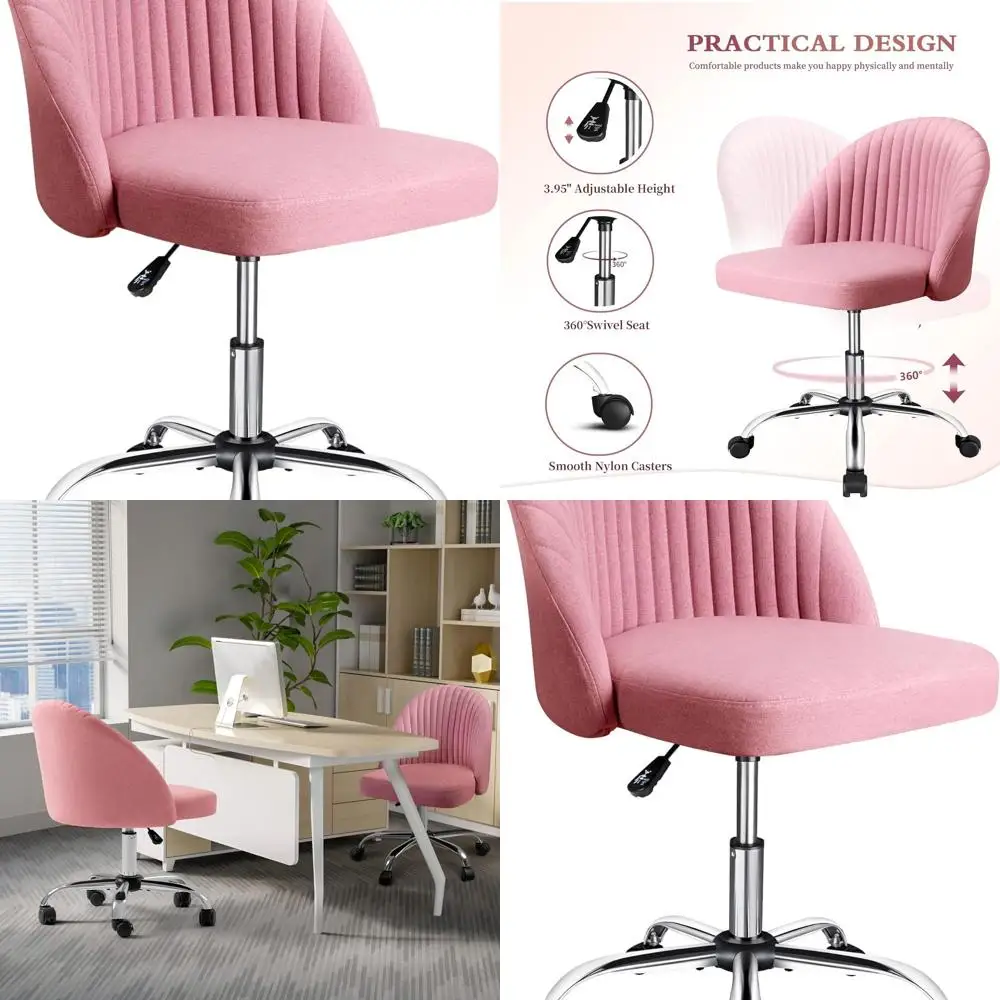 

Кресло для работы со средней спинкой, регулируемой высотой, без подлокотников, из ткани твил, на колесиках, подходит для домашнего офиса, спальни и макияжа