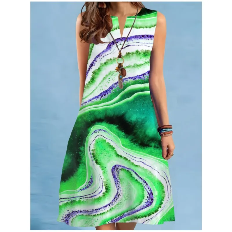 فستان نسائي جديد برقبة على شكل حرف v بدون أكمام بطباعة رقمية فنية قديمة كبيرة الحجم متأرجحة متوسطة الطول مع خصر فضفاض في الصيف Y2k 2026