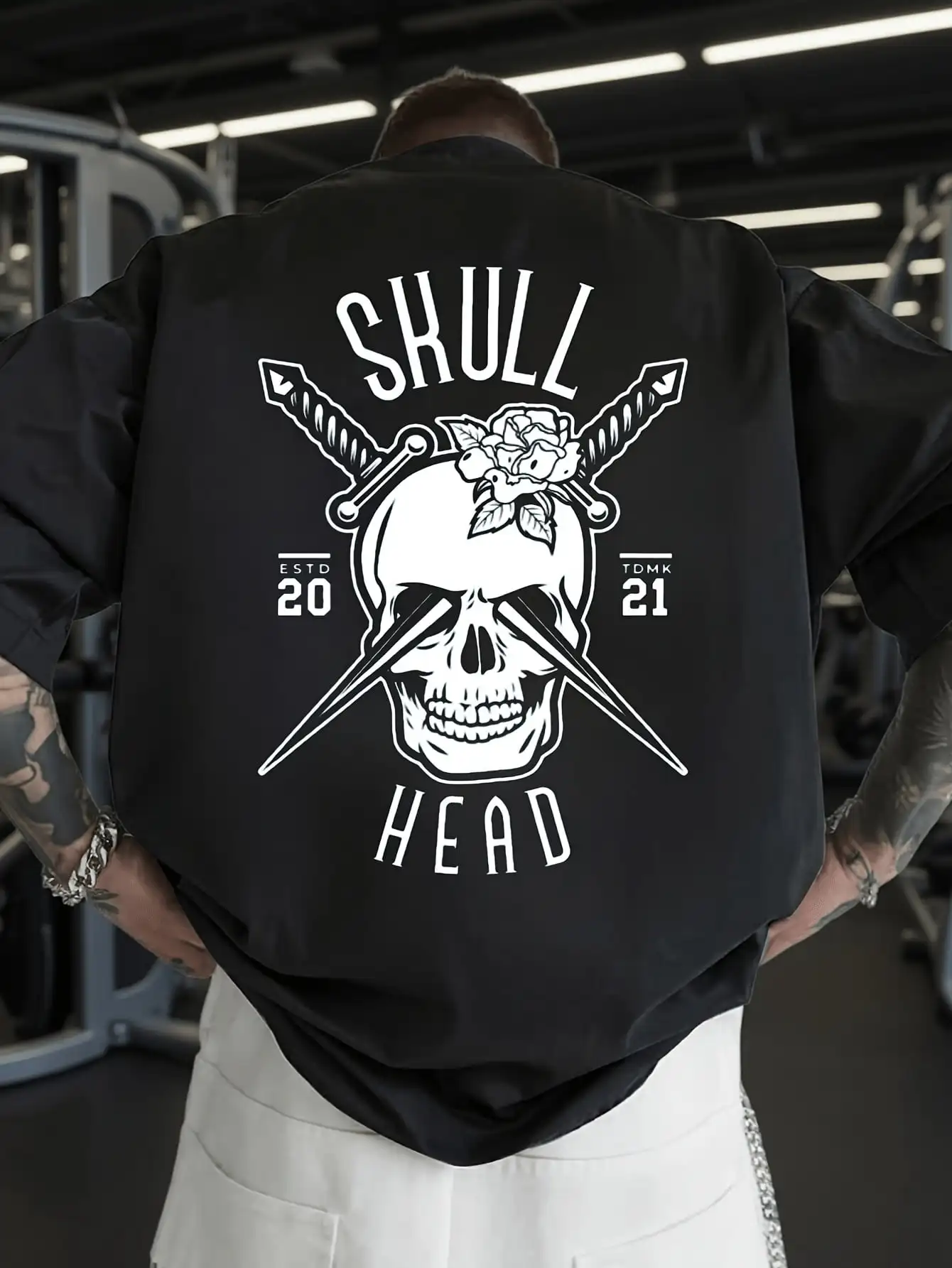 Men's Oversized Gothic Skull Rose Dagger T-Shirt