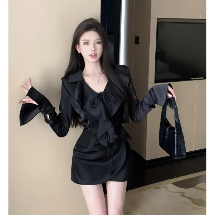 Korejepo French Temperament Ruffle Edge Lace Up Long Sleeved Shirt Black Suit Women Autumn Hip Skirt Satin Two Piece Set 2024