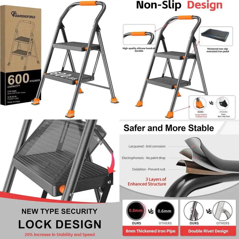 

Step Ladder Foldable Folding Stool - for Home Adults Kitchen 2 Stepping Extension Tall Heavy Duty with Handrails - Closet Stepst