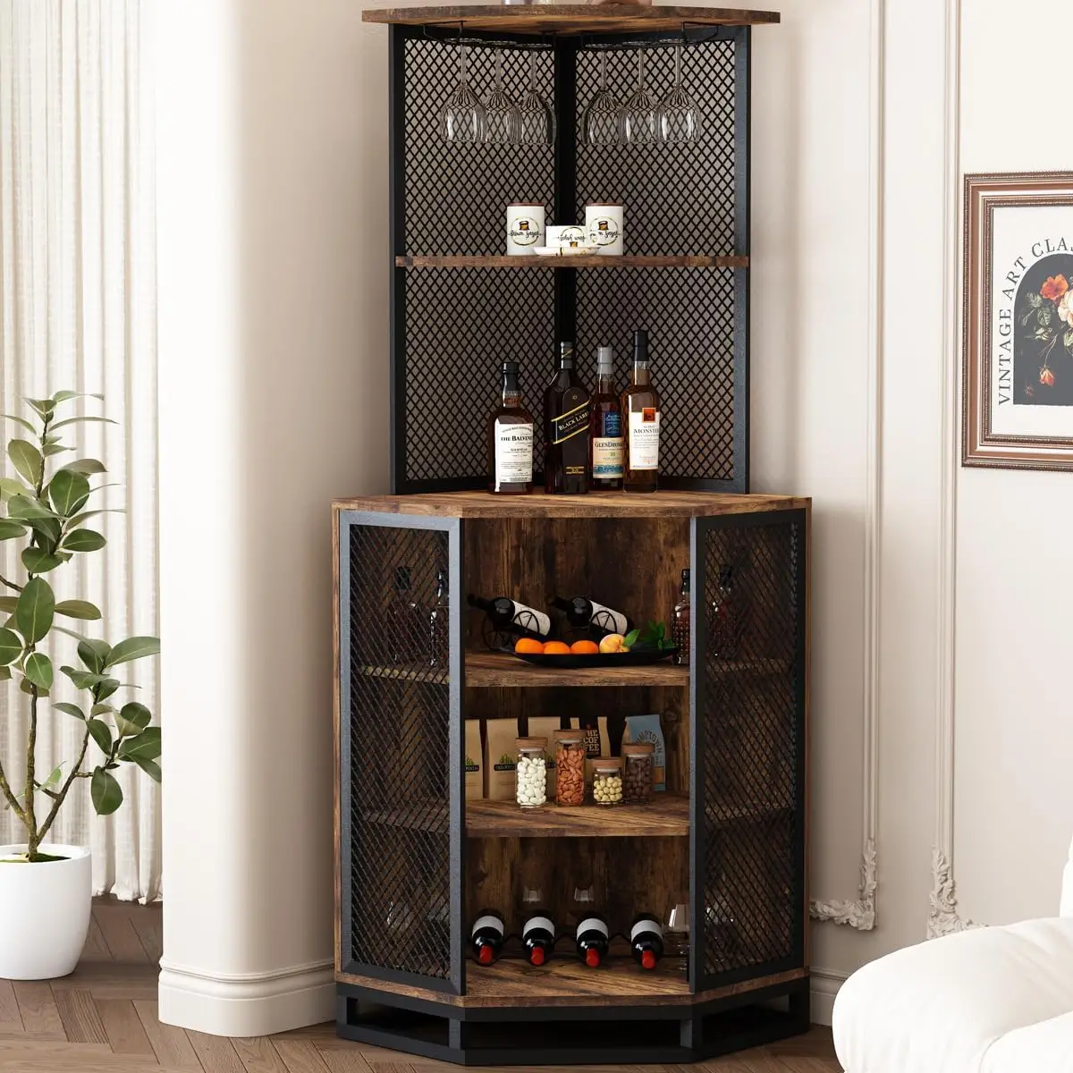 

71 Inch Corner Bar Cabinet with Adjustable Shelf Storage, Industrial Style 5 Shelf Tall Wine Cabinet, Large Corner Wine Cabinet
