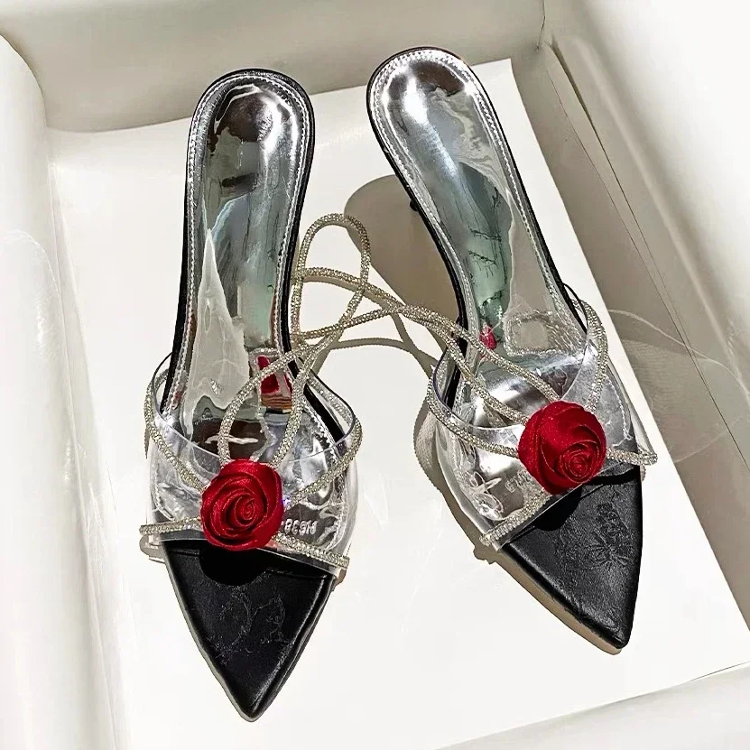 Sexy Rose Blume Strass Sling back Frauen Sandalen schmales Band spitzen Zehen zurück Riemen High Heels Luxus Hochzeits kleid Schuhe