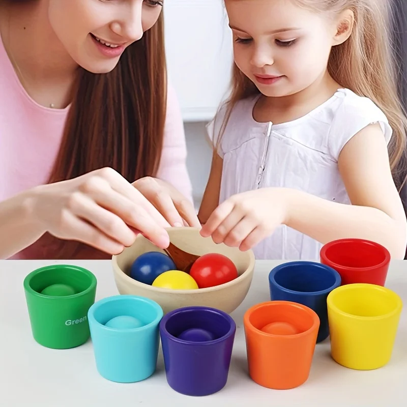 Jouet éducatif Montessori pour bébé, 7 couleurs, arc-en-ciel, boule et tasse en bois, classification des documents, exercice de motricité fine, cadeau d'apprentissage