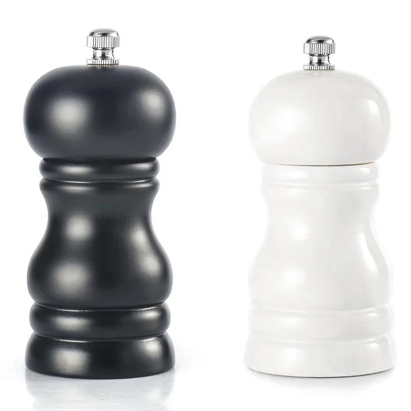 2 Pcs Wood Salt And Pepper Grinder Set Pepper Salt Mill Shaker, Solid Wood With Adjustable Coarseness, Black & White