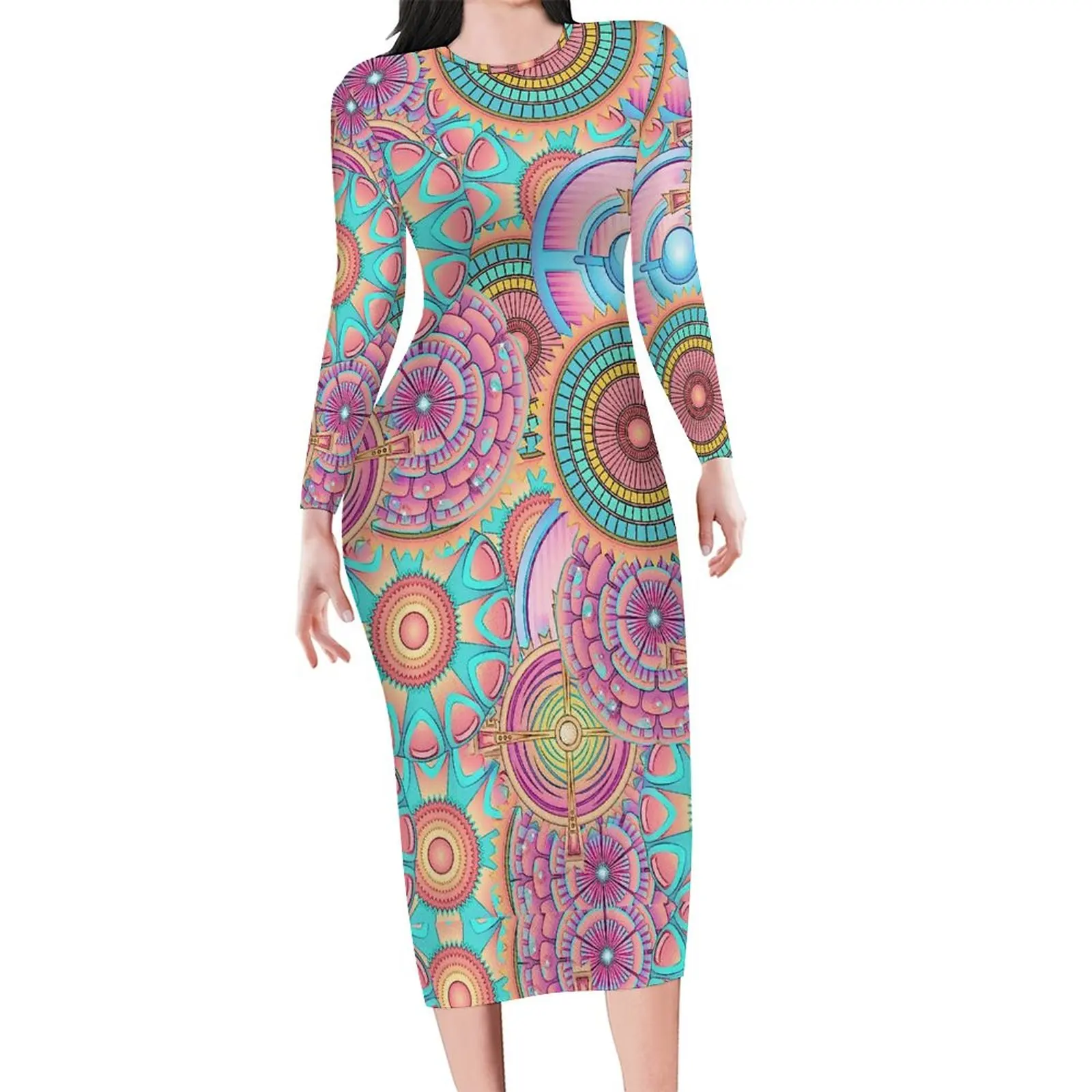 Schöne Mandala Kleid Frau abstrakte Blumen druck ästhetische figur betonte Kleid Urlaub Langarm Kleider übergroße Kleidung