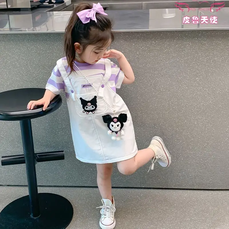 

Kuromi Kawaii платье с искусственным двухсекционным ремешком и коротким рукавом Sanrio, платье высокого качества для девочек, детская летняя новая стильная модная юбка