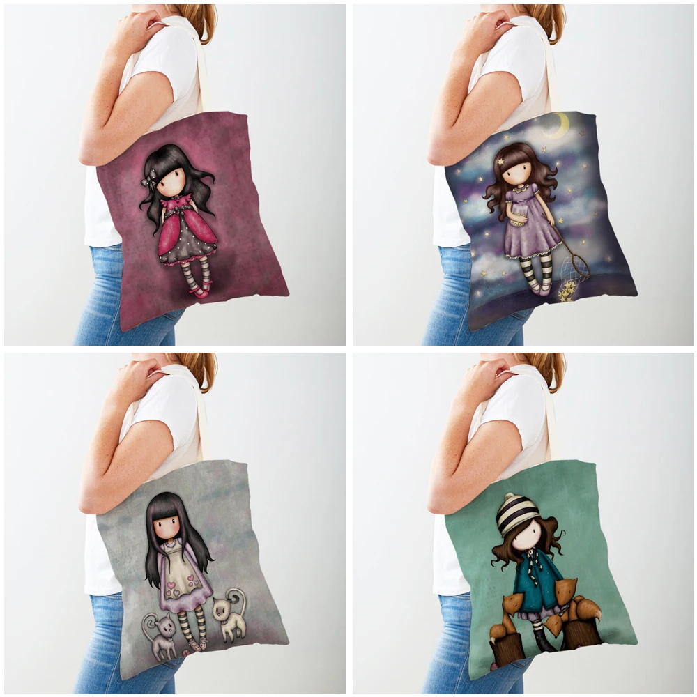 Bolsas de compras informales para niños, mundo de cuento de hadas, bonita chica de dibujos animados, doble estampado, reutilizable, de lona ecológica, bolso de mano