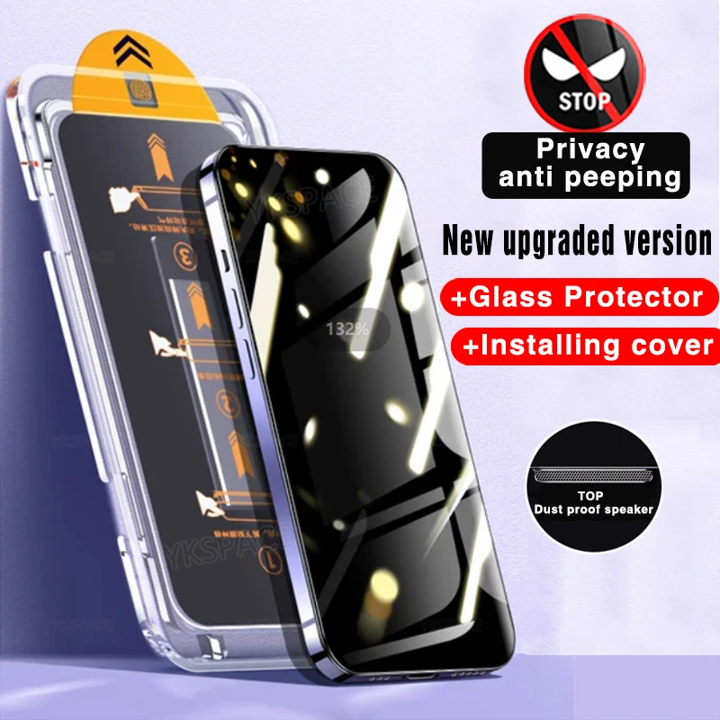 Auto-Dust Removal Kit Privacy Anti-Spy 9H Tempered Glass for iPhone X XR XS 11 12 13 Mini 14 15 Pro Max Plus Screen Protector