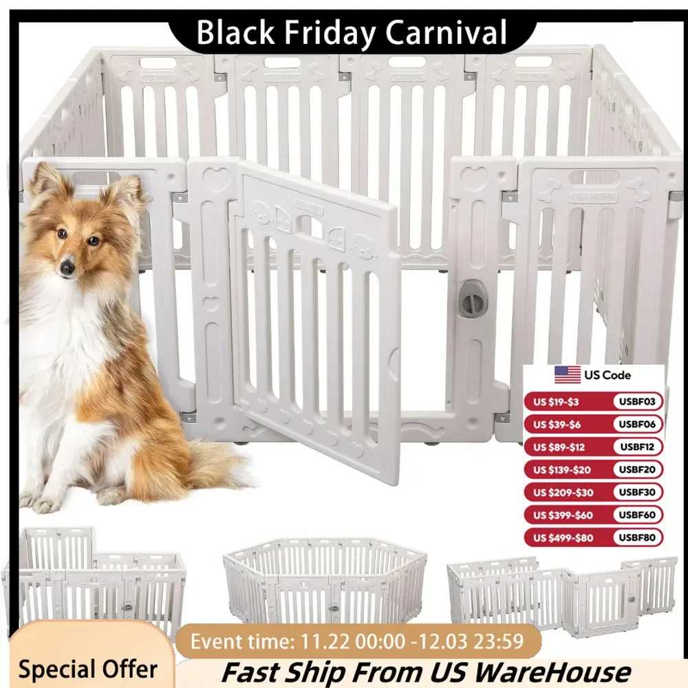 Dog Playpen w/Door, Secure Pet Gate | Indoor Outdoor Fence | Configurable Panels -White, Non-Slip Dogs Playpen Fences