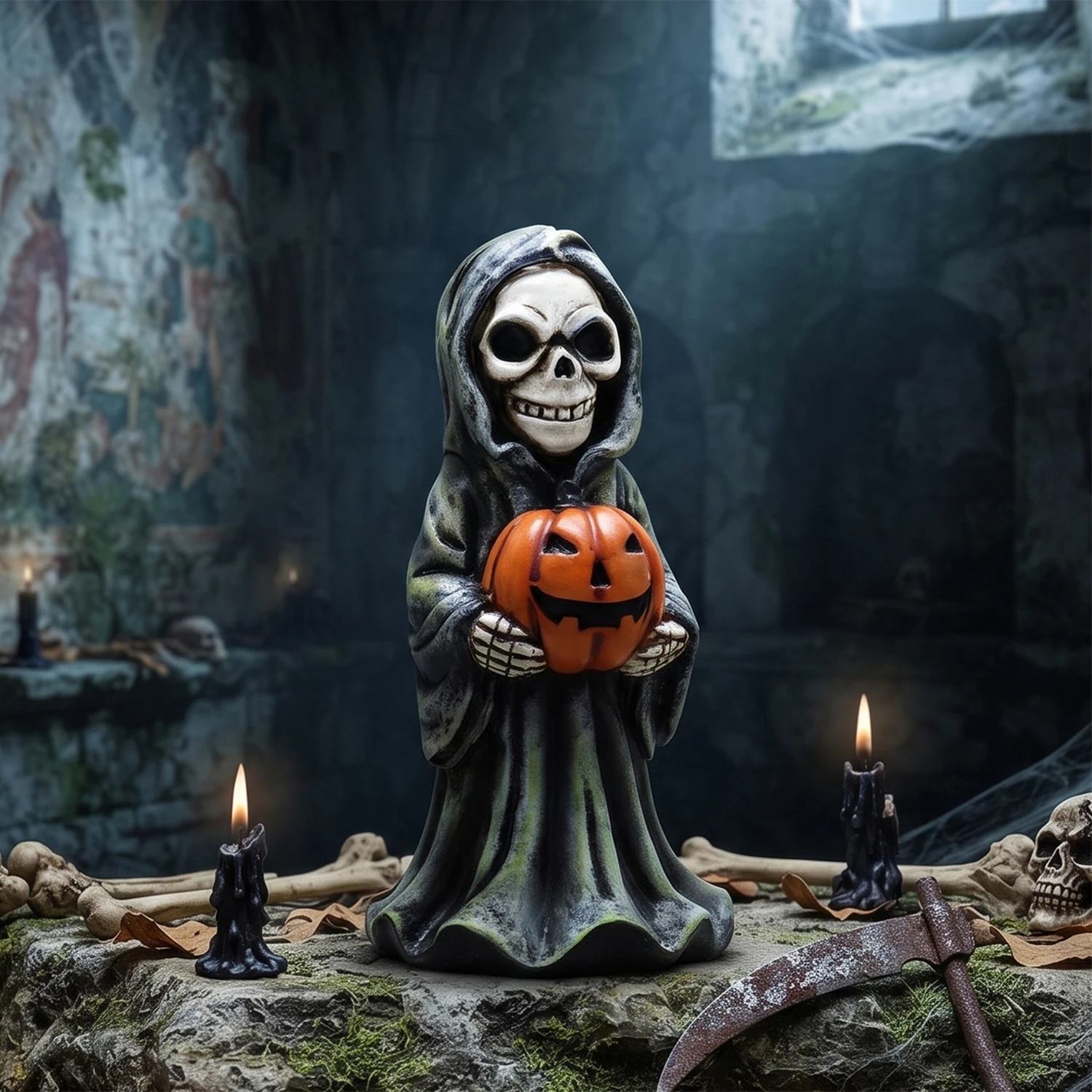 Spooky Grim Reaper Skull Figurine With Pumpkin, Halloween Resin Tabletop Statue, Indoor Holiday Party Decoration