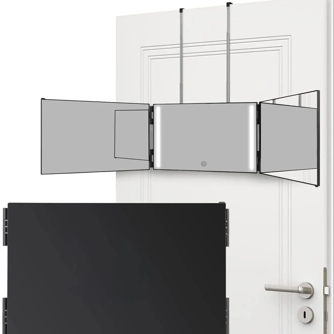 กระจก LED Trifold กระจกตัดผมด้วยตนเองพร้อมแสงปรับความสูงได้ 3 ทิศทางกระจกตัดผมด้วยตนเองกระจก HD กระจก 3 ทางไฟ LED