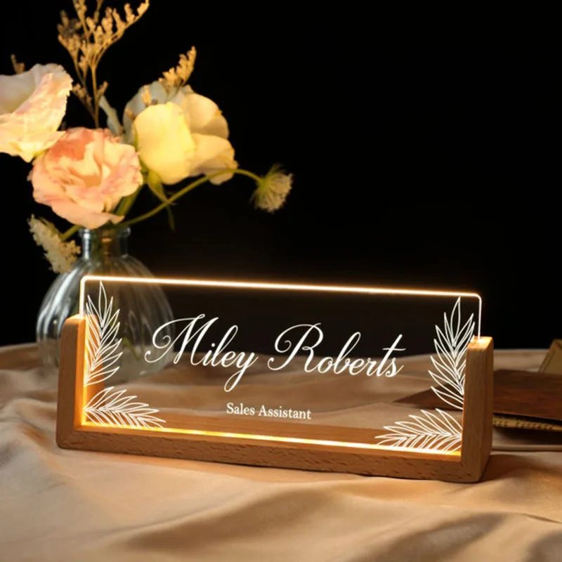 Personalized Desk Glowing Name Plate with Wooden Base Custom LED Name Sign for Desk Office Elegant Decor Gift for Boss Managers