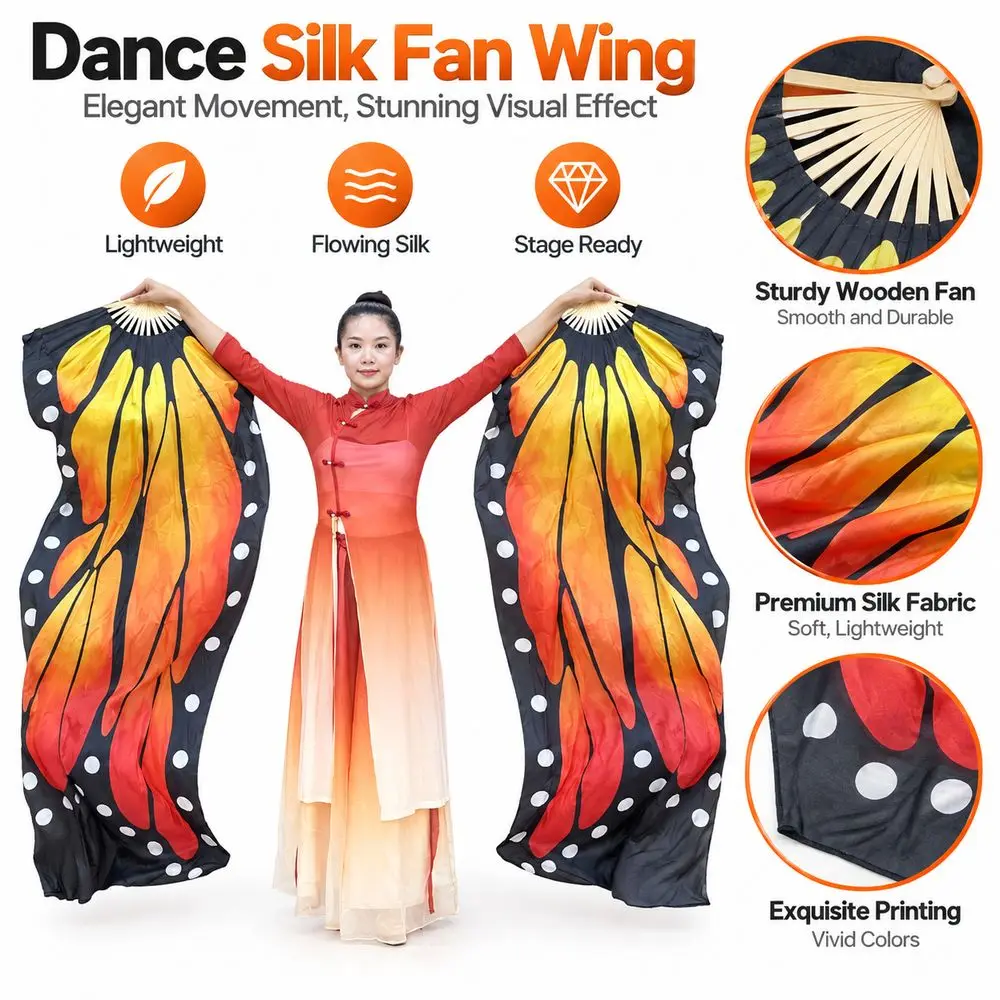Silk Fabric Butterfly Wing Dance Fans Bamboo Frame Gradient Orange Print Silk Fan Veils Lightweight Flowing Dance Fan Wings