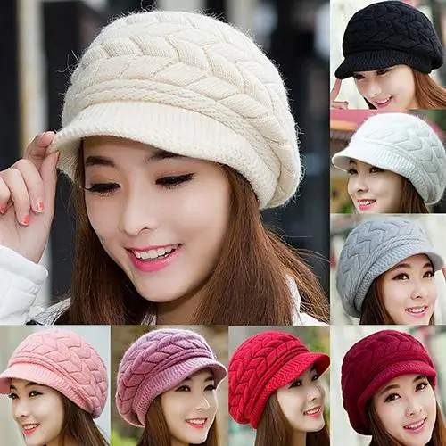 Women's Winter Solid Color Warm Knit Loose Beret Casual Ski Hat Korean Version Peaked Beret Plus Velvet Thick Knit Ear Guards